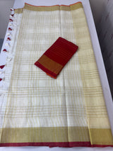 Linen saree with gold zari checks MLS9766- (red and orange borders)