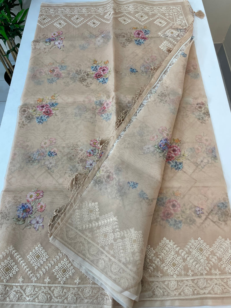 Floral printed Designer Organza Saree - MOS7121 Beige