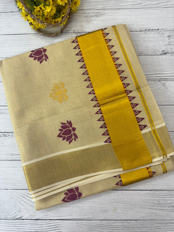Kerala Lotus printed tissue saree - Vadamalli