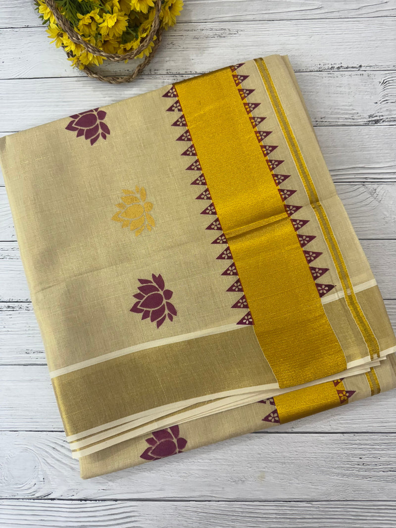 Kerala Lotus printed tissue saree - Vadamalli