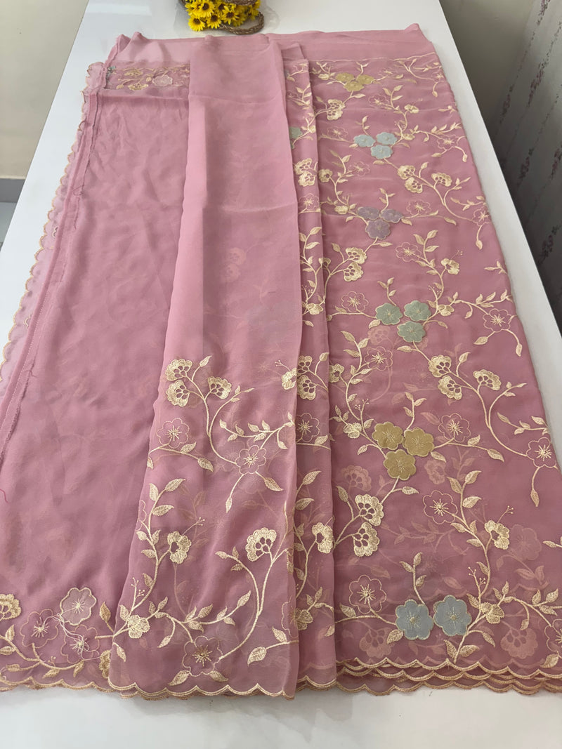 Pure Georgette saree with embriodery and applique work MS15567 Pink