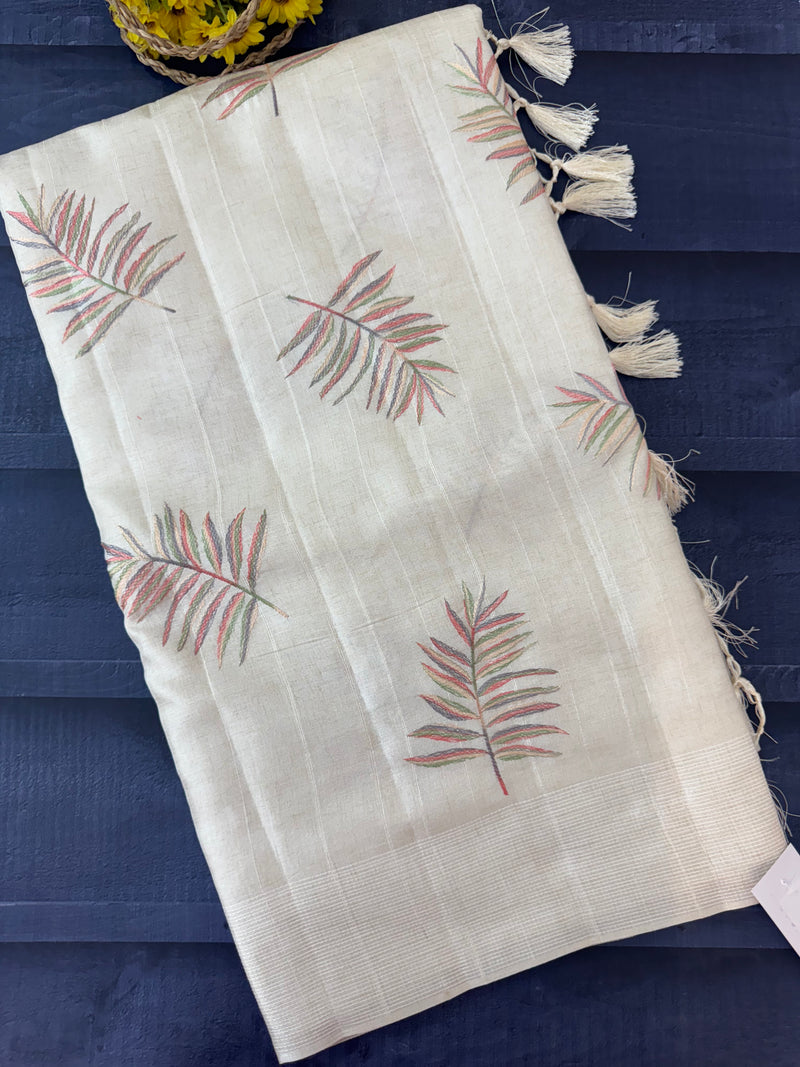 Blended tussar saree with embriodery - MS8665 Cream