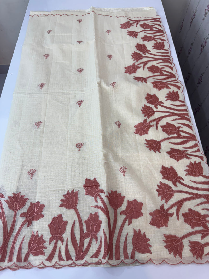 Jute Linen Applique work saree  -MSH128 Offwhite to DuskyPeach