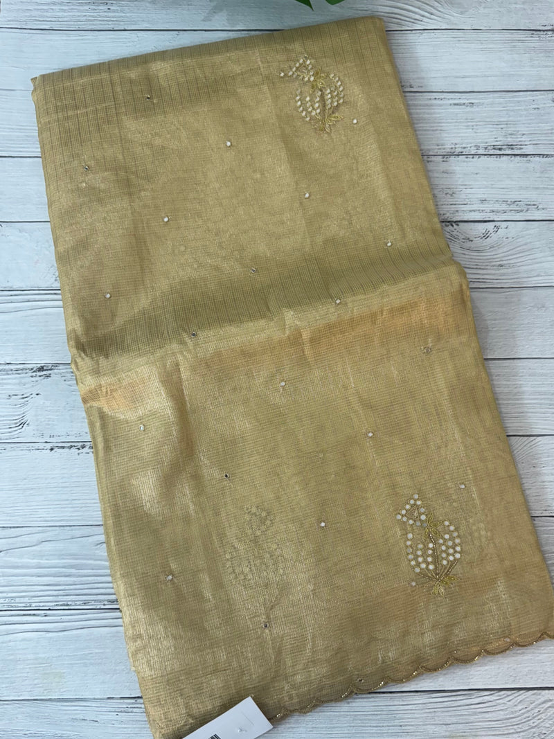 Tissue silk saree with mirror work and scalloped border MTSS432- DuskyYellow