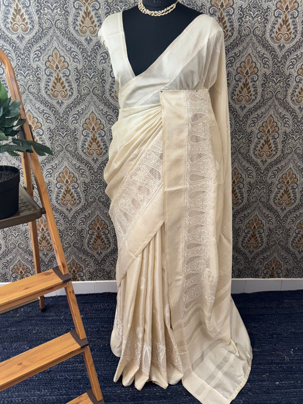 Cutwork Blended tussar Saree with Embriodery - SVGSS1 Cream