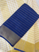 Linen-cotton checks saree with zari border MLS9766- RoyalBlue