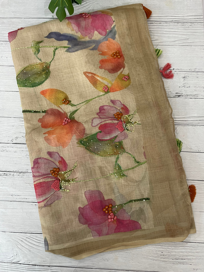 Handworked Tissue linen saree MS88651