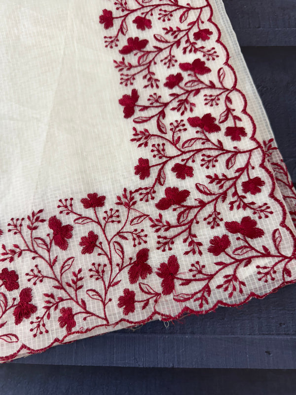 Kota silk saree with embroidery MSB643 OffWhite & Maroon