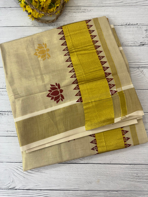 Kerala Lotus printed tissue saree -DeepMaroon