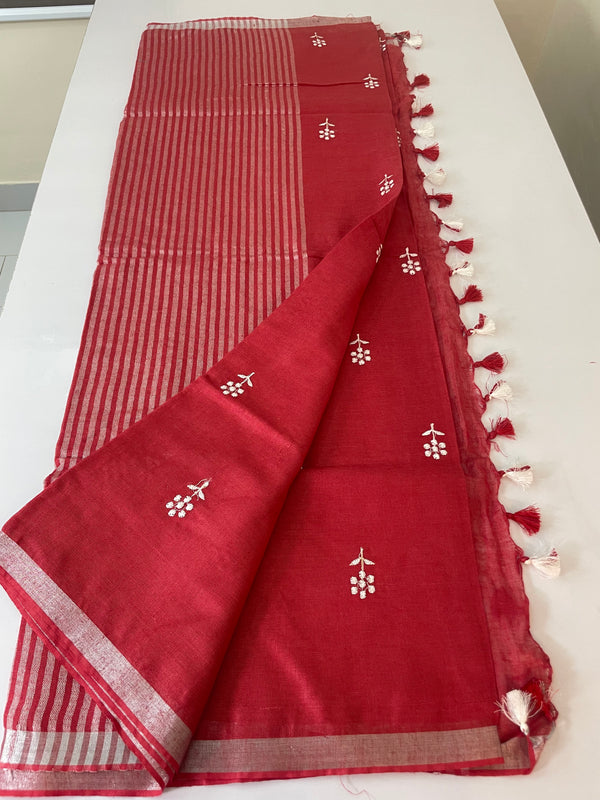 Pure Linen saree with embroidery MLS7863 RED