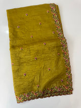 Crush Organza embroidery saree MS14567- Greeny Mustard