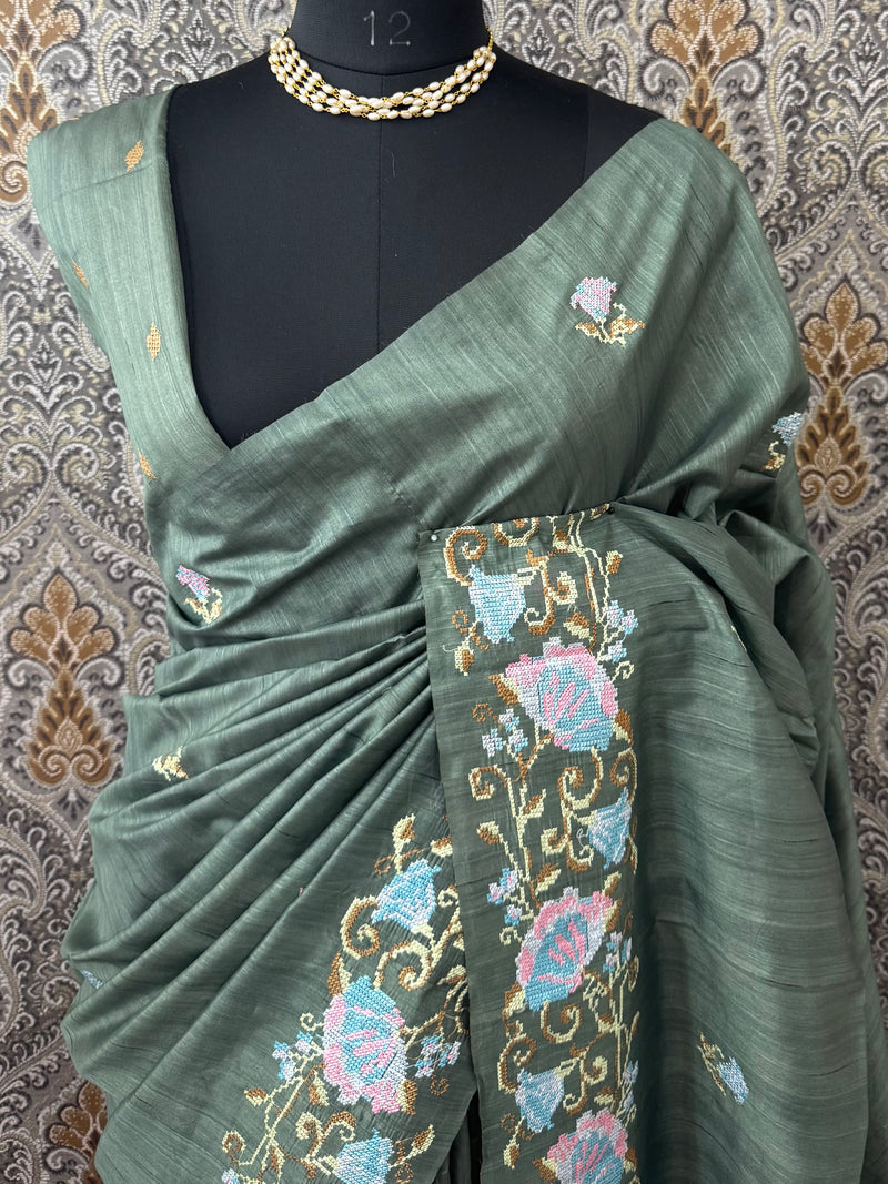Blended tussar silk saree with cross stitch embroidery - MS78911