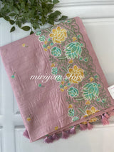 Crushed semi tussar silk saree with embroidery- SNFCYEY34 OnionPink