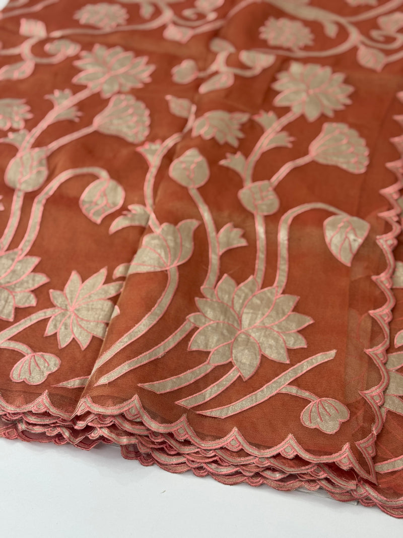 Dual tone Crush silk Organza Applique work saree MS14567- DuskyRustPeach