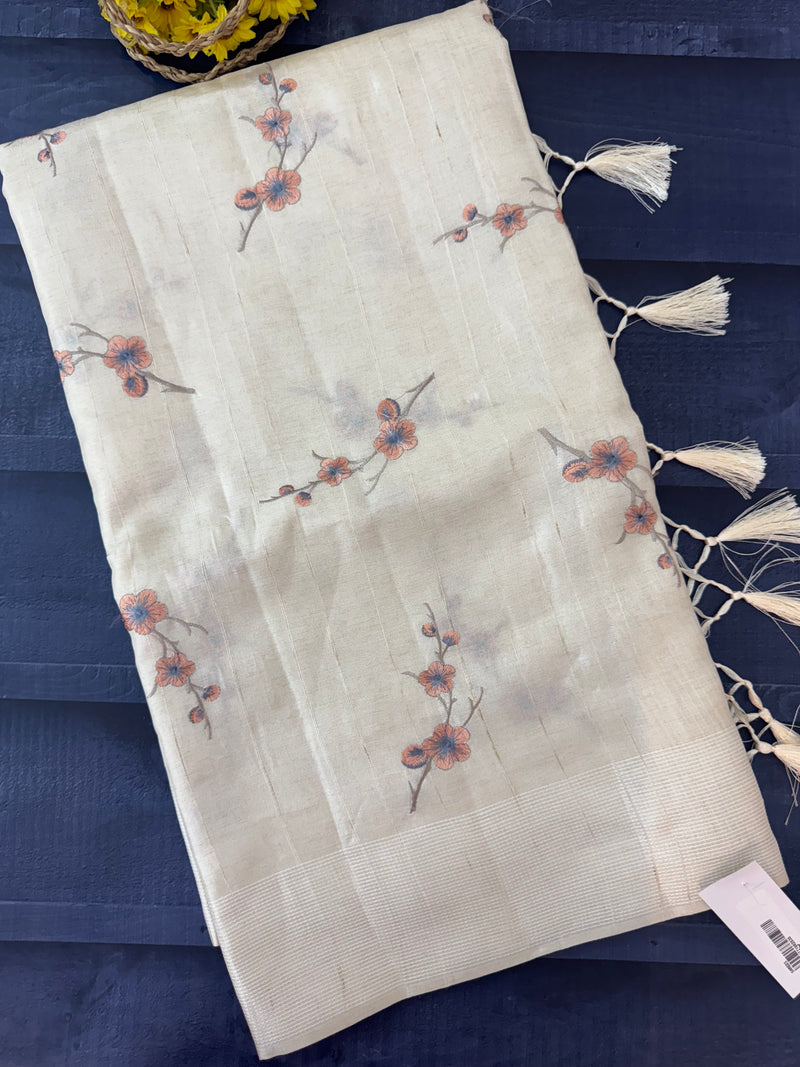 Blended tussar saree with embriodery - MS8665 Cream