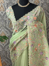 Crepe Crush chiffon organza saree with embriodery MS9702 - PistaGreen