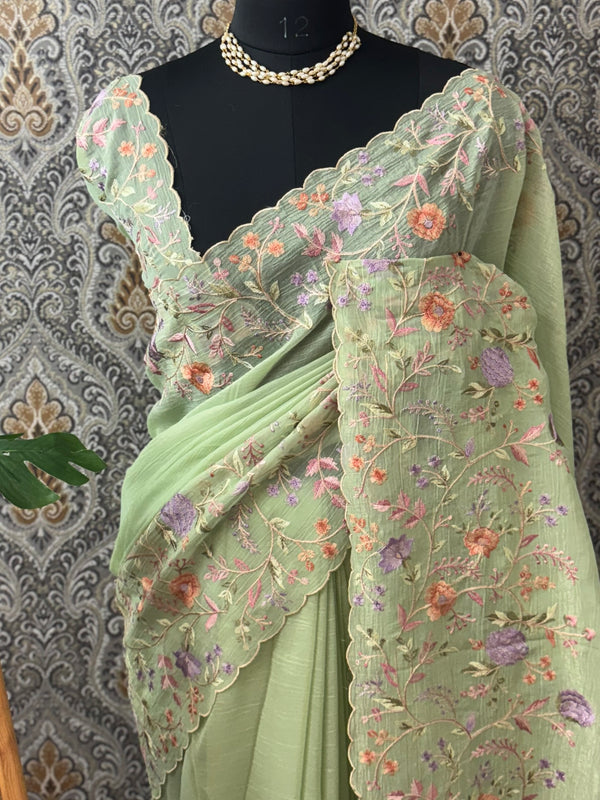 Crepe Crush chiffon organza saree with embriodery MS9702 - PistaGreen
