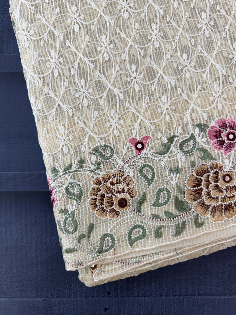 Phulkari NetKota Embroidery saree - OffWhite