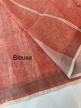 Linen cotton saree with stripes MLS67 - Peach and White