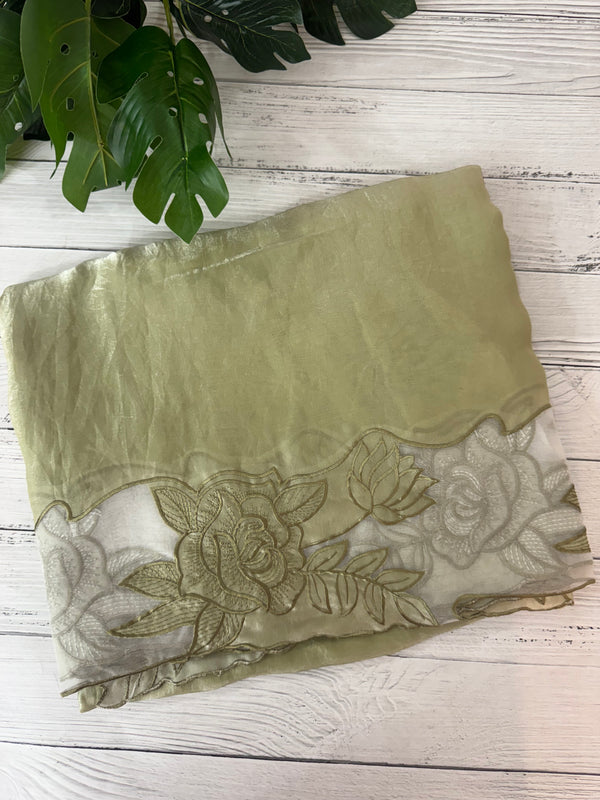 Fancy satin silk organza saree with applique borders MS14207 DuskyGreen