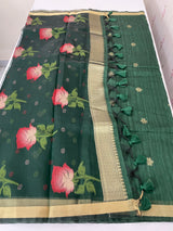 Semi jute silk saree with organza pallu MJL406 DarkGreen