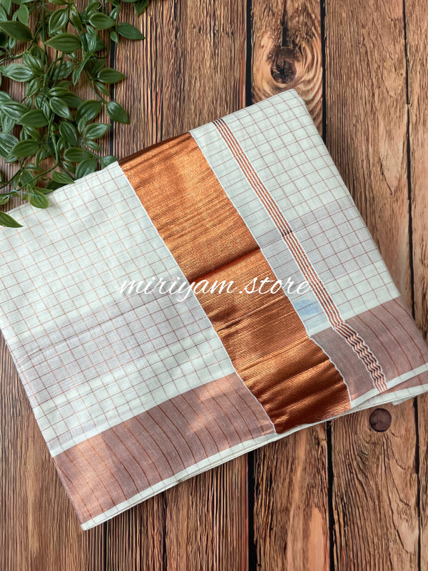 READY TO WEAR - Kerala cotton saree - rose gold checks