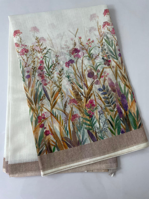 Floral printed semi Linen Saree MLS614