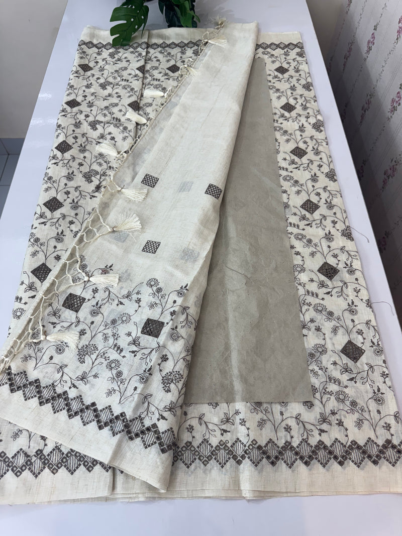 Jute tussar silk saree with cutwork & embroidery MS40414