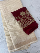 Crepe chiffon saree with handworked blouse MS40099 Cream to MaroonRed