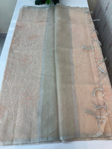 Tissue Linen Saree with embroidery MRS786 - Pastel peach