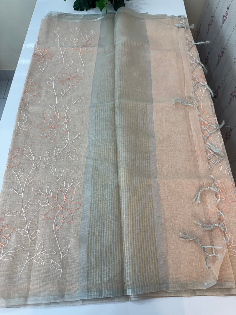 Tissue Linen Saree with embroidery MRS786 - Pastel peach