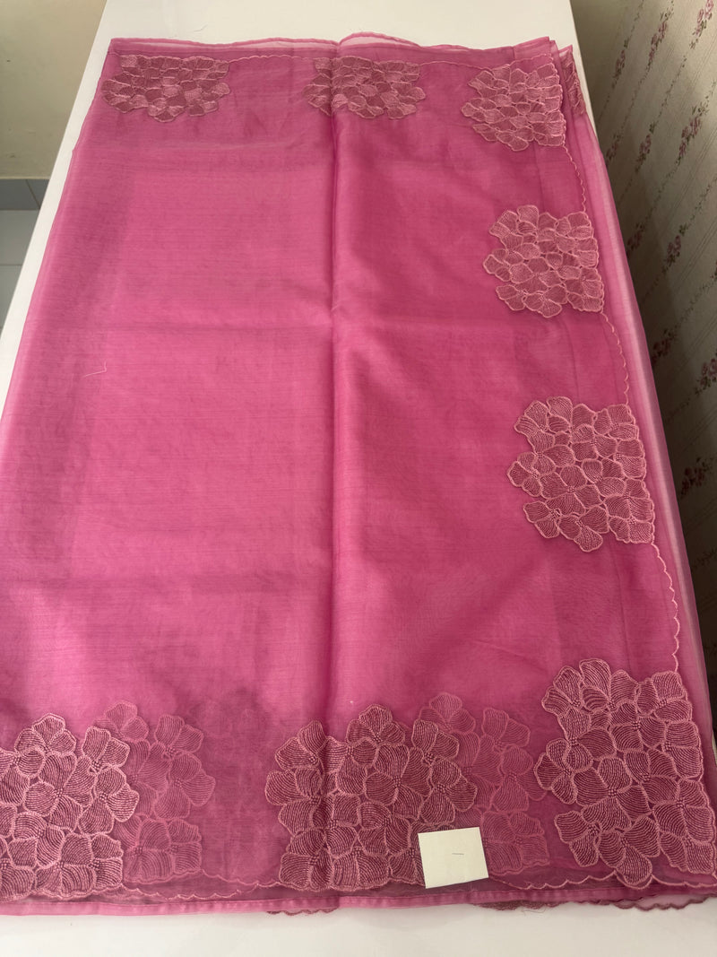 Semi organza saree with embroidery & scallop border - MSH901 Fuchsia Pink