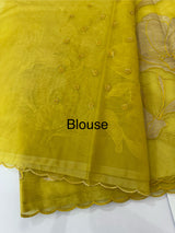 Semi Organza saree with tissue applique work MS5081- LimeGreen( Yellow Green mix)