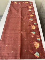 Crushed Blended tussar silk saree with embroidery- MTS355 - BrownyPeach