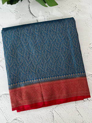 Banarasi semi katan saree with contrast border MKS455 OceanBlue to Red