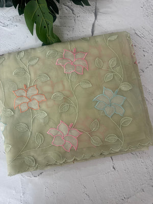 Soft crushed Chiffon saree with Applique work MSC477 Pastel DustyGreen