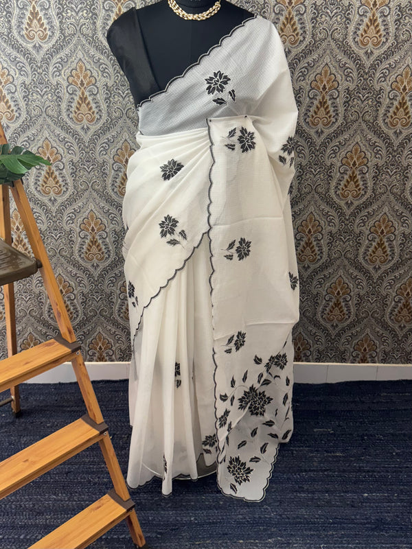 Soft kota silk saree with applique work MS15102- Black& white