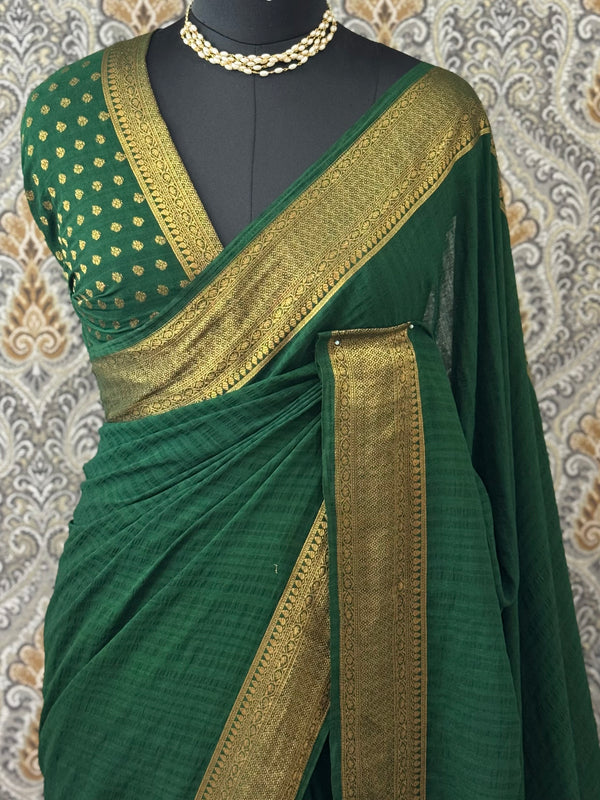Crepe Banarasi viscose Georgette saree with brocade blouse MS953211- BottleGreen