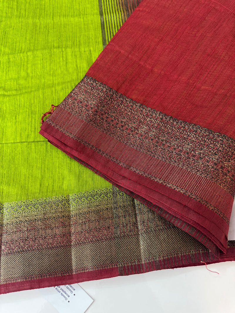 Jute silk sarees with contrast pallu & blouse MJL396 - ParrotGreen to MaroonRed