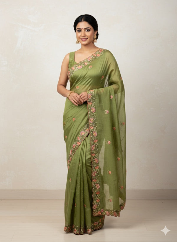 Crush Organza embroidery saree MS14567 LeafGreen