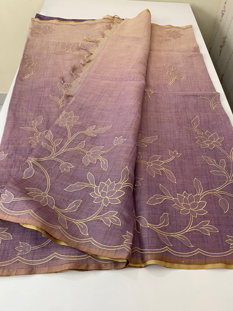 Ombre Soft Tissue linen saree with appliqué work MSL875