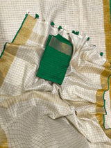 Linen checks saree with zari border MLS9766- GREEN