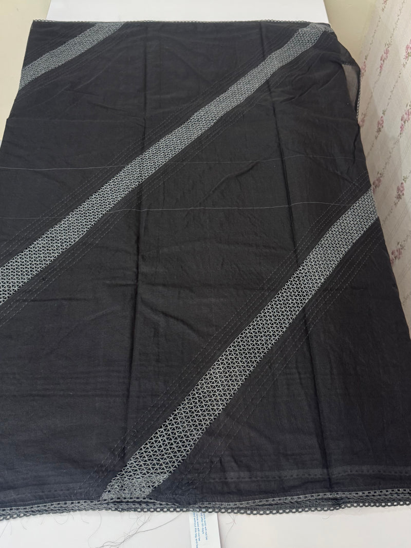 Supernet saree with crochet work and lace border MCJ5433 - Black(Design - Diagonal Crochet)