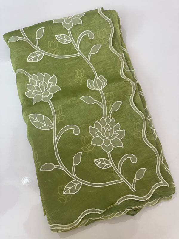 Crush Organza Applique work saree MS14987- Green