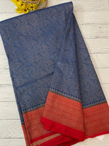 Banarasi semi katan saree with contrast border MS6665 - OceanBlue to Red