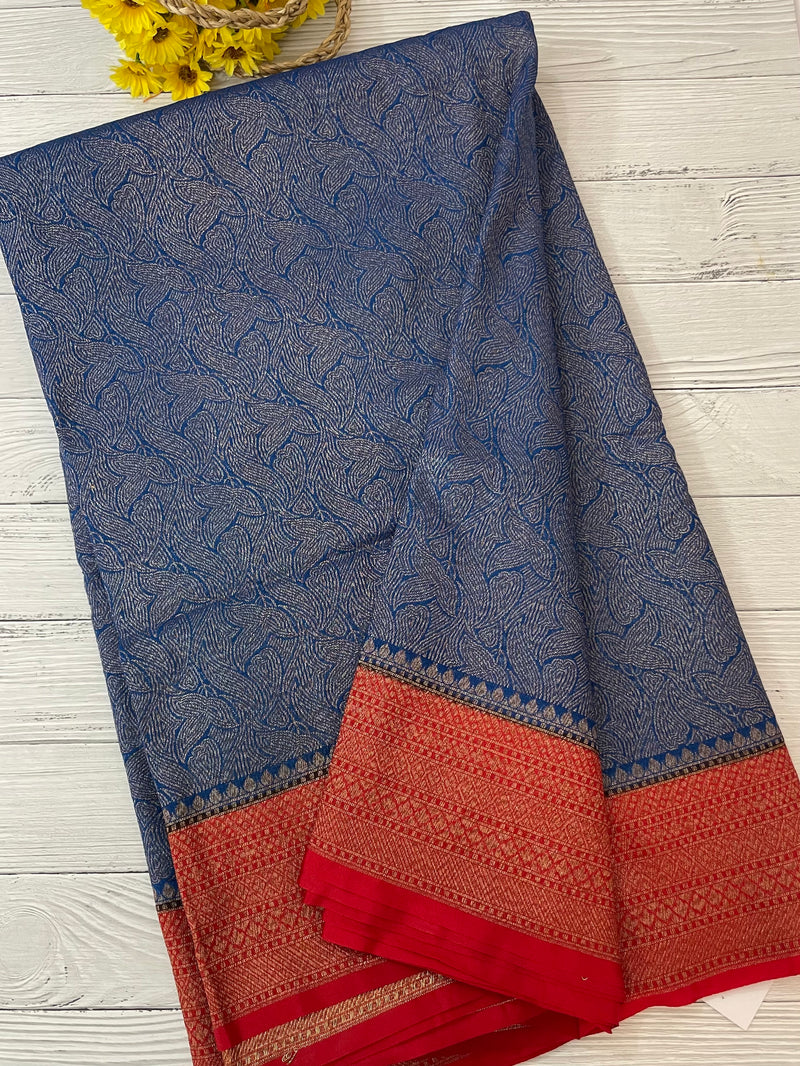 Banarasi semi katan saree with contrast border MS6665 - OceanBlue to Red