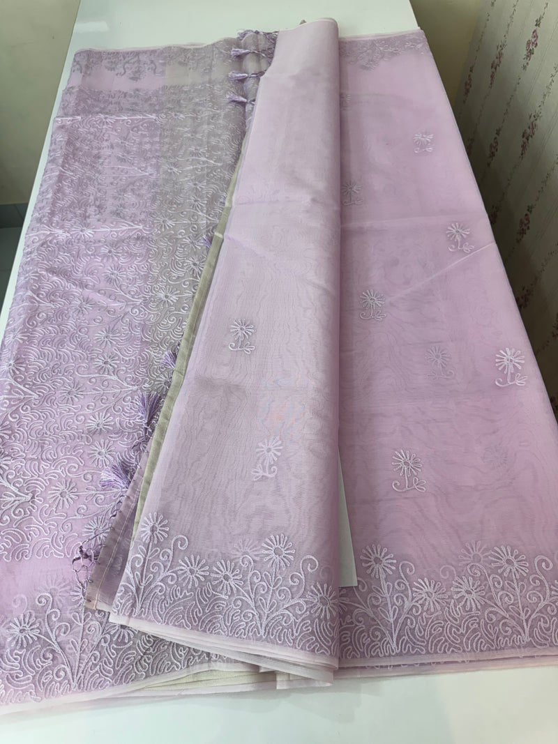 Semi organza saree with lace embroidery - MSH117 Lavender