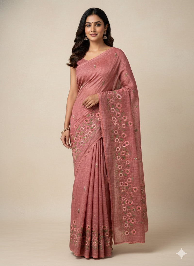 Soft kota checks saree with embroidery - SVPSNM Peach