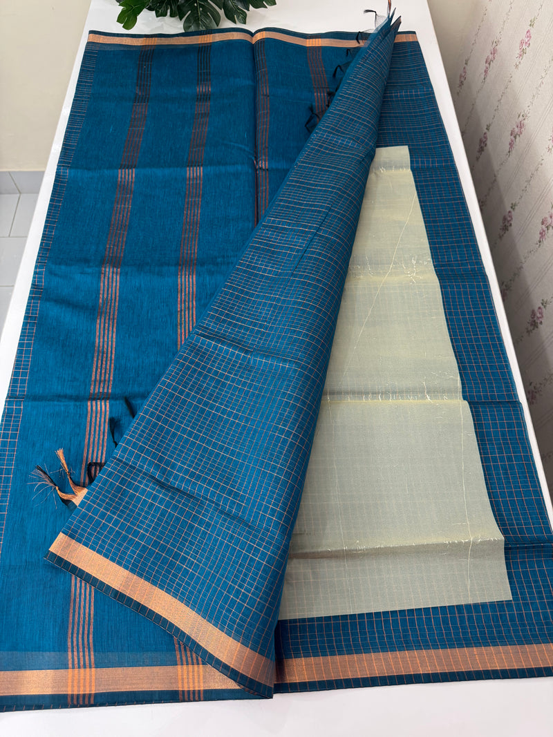 Mangalagiri Silk Cotton Saree with zari checks MS90321 PeacockBlue