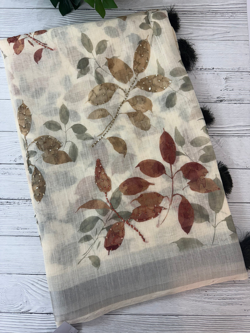 Handworked floral digital printed semi Linen Saree MLS611